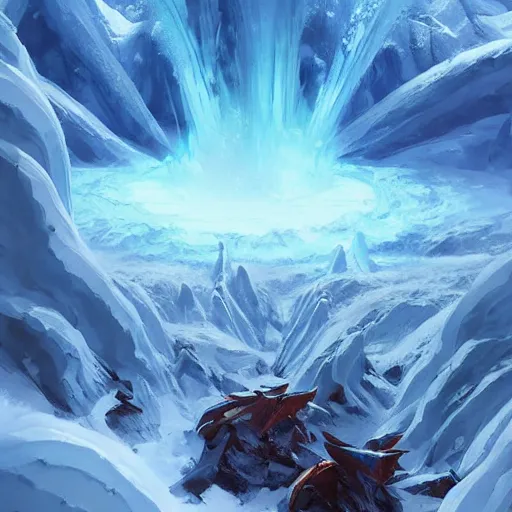 Image similar to blue glacier volcano eruption, blue glacier volcano eruption, blue liquid and snow, blue glacier volcano eruption, snow dust everywhere, snow battlefield, ice cold blue theme, bright masterpiece artstation. 8 k, sharp high quality artwork in style of jose daniel cabrera pena and greg rutkowski, concept art by tooth wu, blizzard warcraft artwork, hearthstone card game artwork