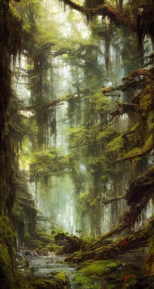 Image similar to ancient forest, moss, waterfall, intricate, vivid colors, brush strokes, elegant, highly detailed, richard schmid, john park, ruan jia, jeffrey catherine jones