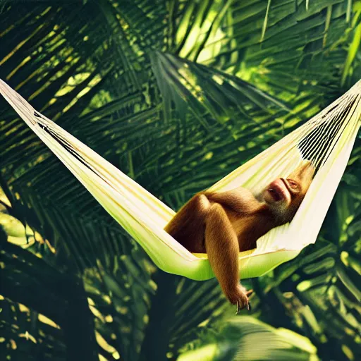 Prompt: minimalist portrait of a monkey laying in a hammock eating a banana, octane render, 8 k render, saturated, vector