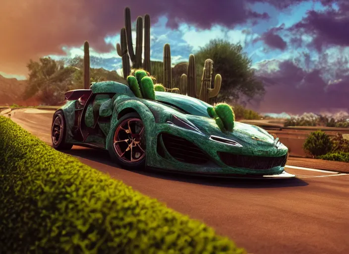 Image similar to hd wallpaper of a car made out of cactus, octane render, 8 k, hyperrealistic, unreal 5, intricate detail, cinematic, studio lighting, concept art, trending on artstation