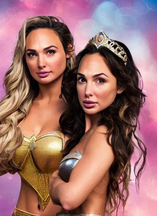 Prompt: portrait of lindsey pelas and gal gadot wearing as princess jasmine, by charlotte grimm, natural light, detailed face, beautiful features, symmetrical, canon eos c 3 0 0, ƒ 1. 8, 3 5 mm, 8 k, medium - format print, half body shot