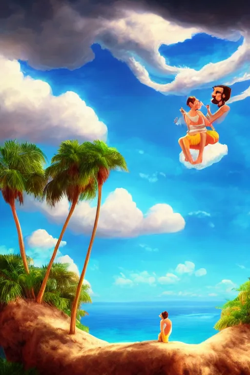 Prompt: conceptual art of one loving couple sitting on a cloud with palms, high in the sky above a paradisiac ocean, mattepainting concept pixar maya engine on stylized background global illumination lighting artstation