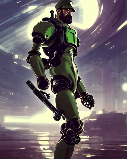 Image similar to action pose luigi in a mech suit matrix by ilya kuvshinov, jason statham body by krista sudmalis, fantasy character portrait, futuristic background by laurie greasley, ultra realistic, concept art, intricate details, elegent, digital painting, smooth, sharp focus, illustration, art by artgerm and greg rutkowski and alphonse mucha