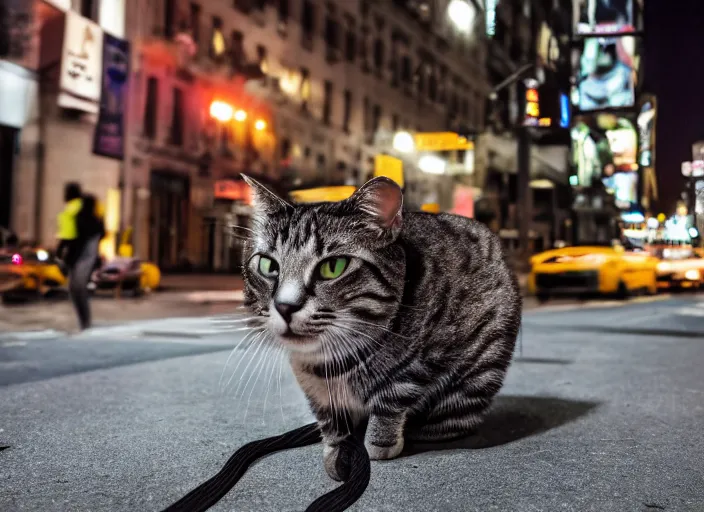 Image similar to photography of a Cat being carried in an half open backpack . in a new york street. award winning photo, led lighting, night, 130mm, sharp, high res