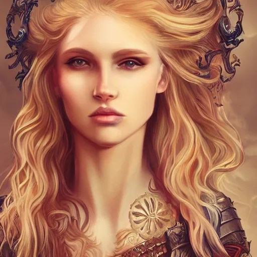 Prompt: portrait of long haired blonde woman, ornate armour, fantasy, painterly, ethereal, trending on art station