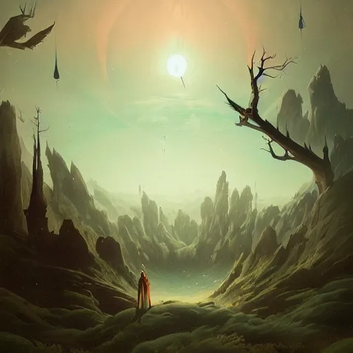 Image similar to A Surreal Landscape by Peter Mohrbacher and Caspar David Friedrich