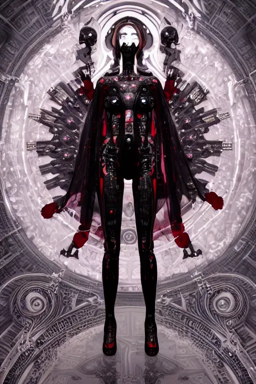 Image similar to full-body cyberpunk style sculpture of a young beautiful dark priestess, half android with a head opening exposing circuitry. glowing red eyes, black roses, flowing blood red colored silk, fabric, candles. baroque elements, human skull. full-length view. baroque element. intricate artwork by caravaggio. crows flying in background. Trending on artstation, octane render, cinematic lighting from the right, hyper realism, octane render, 8k, depth of field, 3D