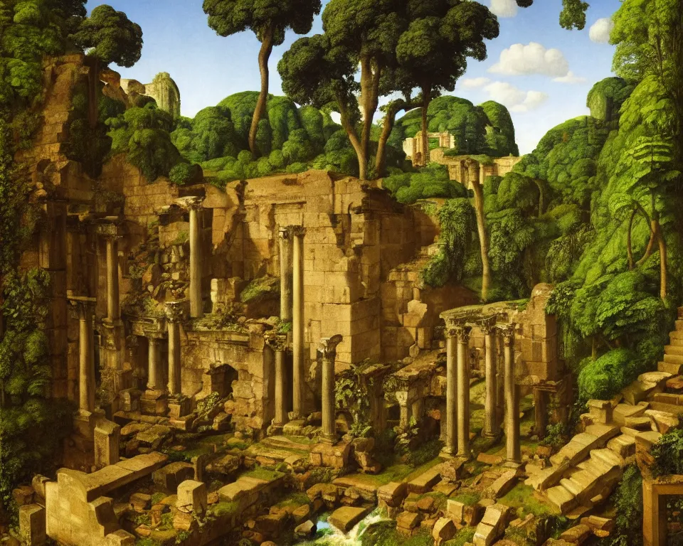 Prompt: an achingly beautiful print of Roman ruins in a jungle clearing with a waterfall in the distance by Raphael, Hopper, and Rene Magritte. detailed, romantic, enchanting, trending on artstation.