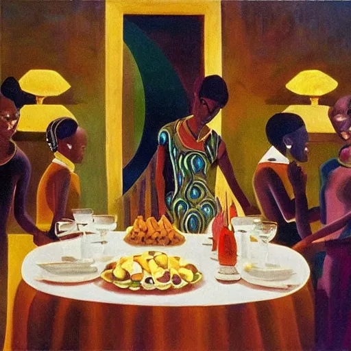 Image similar to dark skinned people eating at a regal buffet ultra detailed beautiful setting elegant event nigerian party minimalist gold ornaments iridescent lighting in the style of edward hooper and henri matisse oil painting