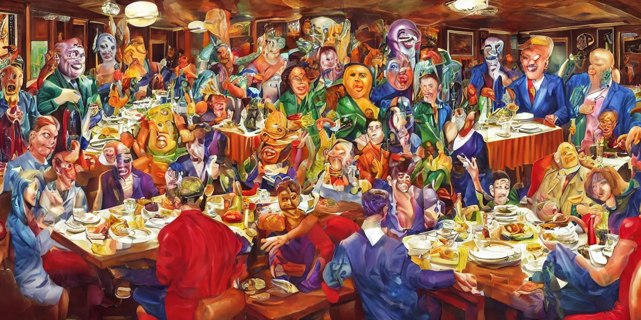 Image similar to big family style diner in the artistic slightly surreal with various gods and alien like beings all wearing costumes of famous people