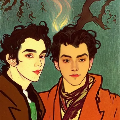 Image similar to painting of young cute handsome beautiful dark medium wavy hair man in his 2 0 s named shadow taehyung and cute handsome beautiful min - jun together at the halloween! party, bubbling cauldron!, candles!, smoke, autumn! colors, elegant, wearing suits!, clothes!, delicate facial features, art by alphonse mucha, vincent van gogh, egon schiele