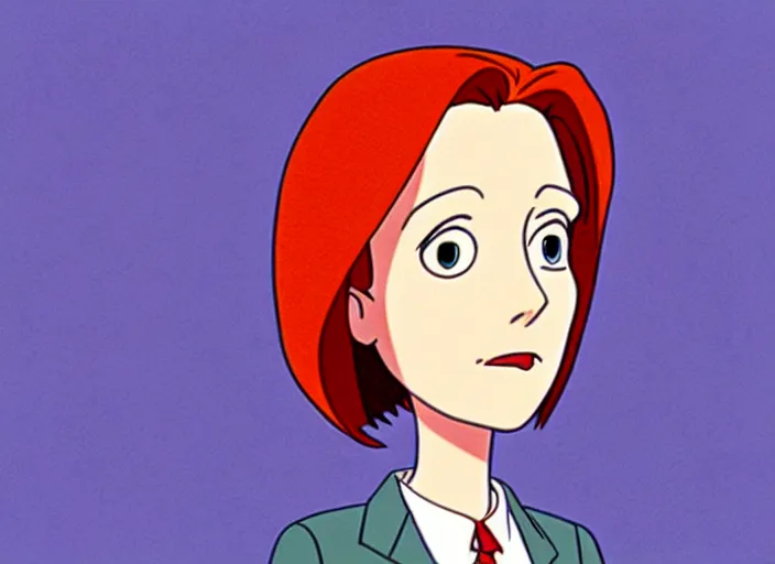 Image similar to an animation still of dana scully, in the style of studio ghibli, netflix animation, toei animation, filmation animation, traditional animation, sharp detail, animation cel