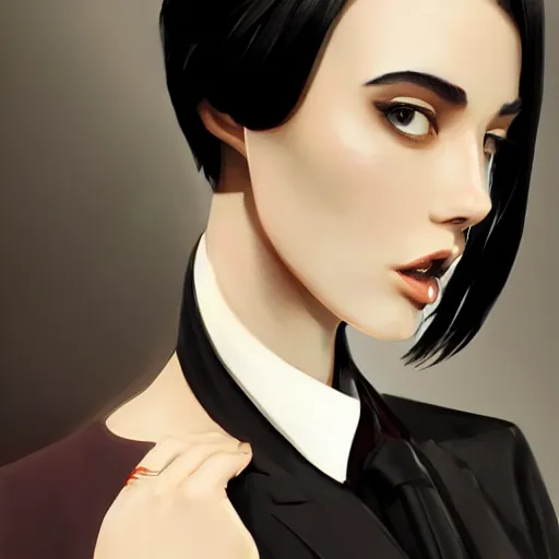 Image similar to slim girl in tuxedo with short black hair, elegant, 2d, ultra highly detailed, digital painting, smooth, sharp focus, artstation, art by Ilya Kuvshinov