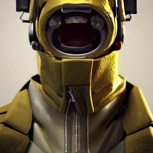 Prompt: G man from half life 2 in a supreme jacket with empty eye sockets grinning with yellow crocodile teeth into a TV camera, dystopia, depth of field, physically based rendering, pbr render, very detailed, volumetric lighting, octane render