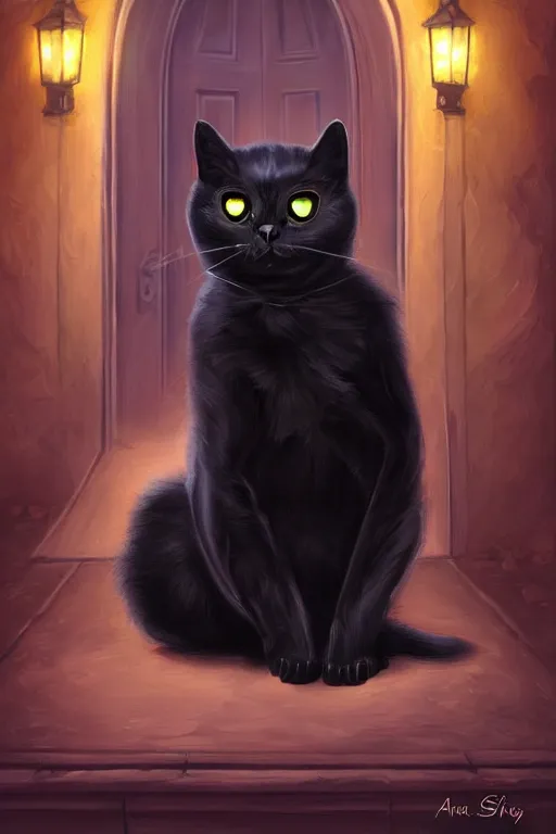 Image similar to evil black cat sitting next to a glowing doorway, by Anne Stokes, digital illustration, artstation, artstation hq, hd