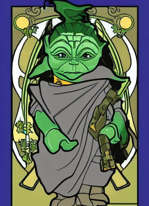 Image similar to art nouveau, Lego Yoda in the style of Alphonse Mucha