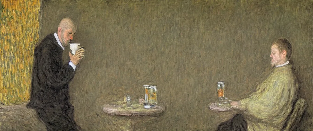 Prompt: a medieval monk drinking a mug of beer in his cell; detailed; a painting by Claude Monet