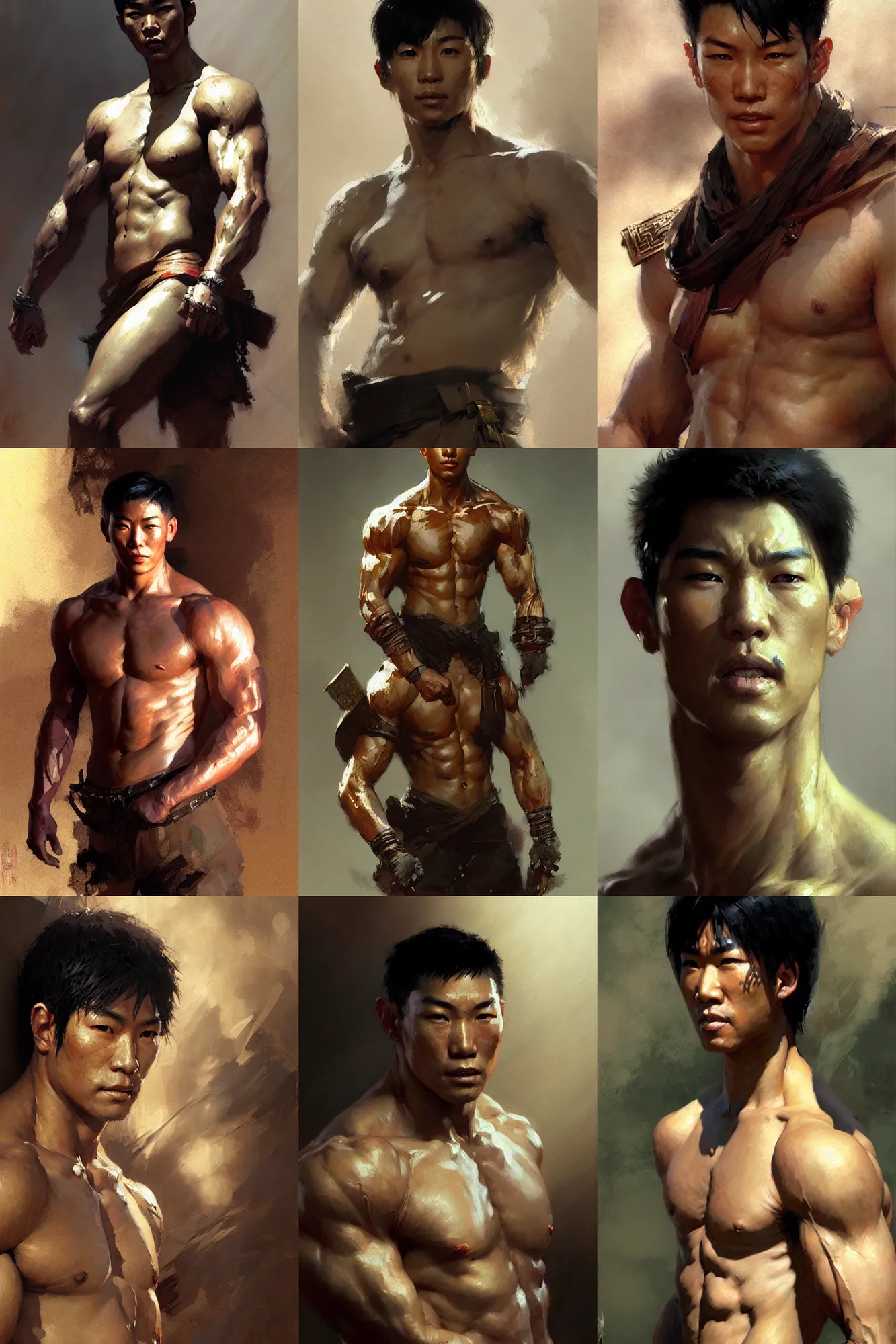 Prompt: young handsome asian male portrait dnd, muscle, painting by gaston bussiere, craig mullins, greg rutkowski, yoji shinkawa