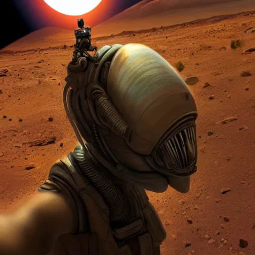 Image similar to alien taking a selfie on mars, dramatic lighting, cinematic, establishing shot, extremly high detail, photorealistic, cinematic lighting, artstation, style by James Gurney