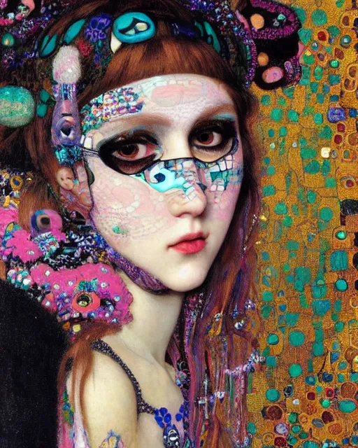 Image similar to a close up of beautiful decora cybergoth emo girl wearing a balaclava surrounded by colourful intricate patterns, by gustave klimt edgar maxence and caravaggio and michael whelan, intricate painting, hyper realistic, extremely detailed and beautiful aesthetic face, inside maximalist baroque vaporwave royalty frames