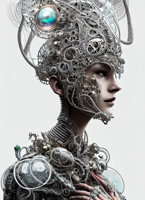 Prompt: portrait of an absurdly beautiful, graceful, sophisticated, fashionable cyberpunk mechanoid, hyperdetailed illustration by irakli nadar and vania zouravliov, matt wisniewski style, intricate linework, white porcelain skin, faberge, tropical fish headdress, unreal engine 5 highly rendered, global illumination, radiant light, detailed and intricate environment