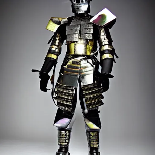 Prompt: This cyberpunk samurai is draped in iridescent armor that reflects the light in a thousand different colors. The armor is made of a lightweight metal that is tough and flexible, allowing the samurai to move with ease. The armor is also fitted with a number of hidden weapons, including knives, daggers, and small pistols.