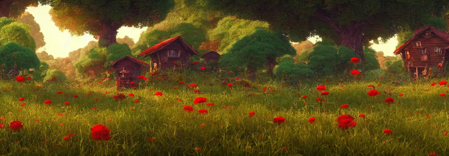 Image similar to crimson - black beehive, large bee hive, in a beautiful forest meadow village landscape, flowers, happy trees, photorealistic, octane render, rtx, hdr, unreal engine, digital art widescreen 8 k, studio ghibli, bob ross, pixar, bee movie, disney