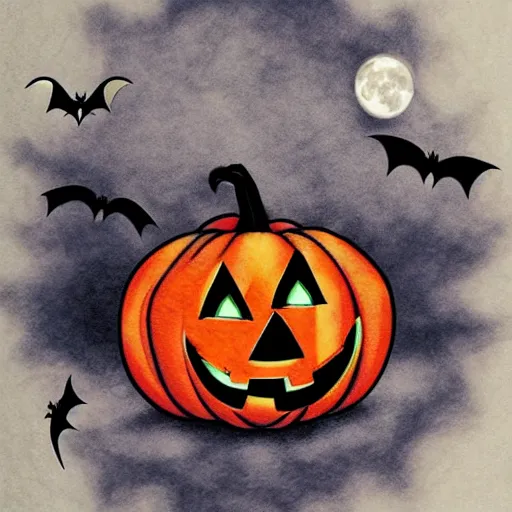 Image similar to cartoon tattoo of a halloween pumpkin with glowing eyes on arm with light shading in the background, night time scene in graveyard with full moon and bats flying, mist