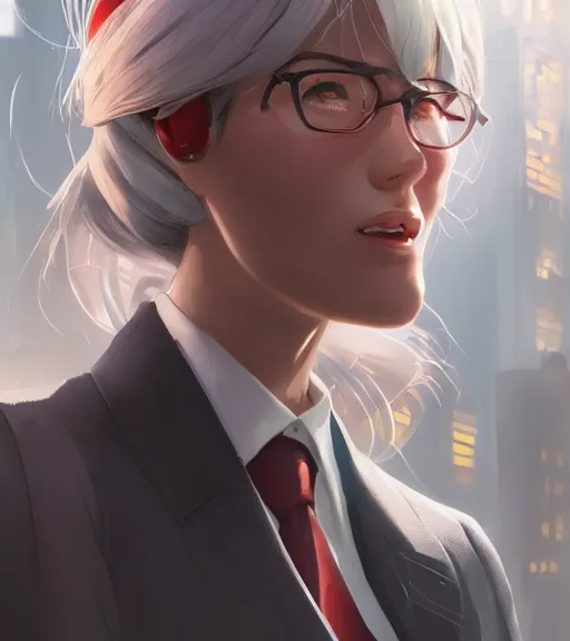 Image similar to a girl in a business, close up, sharp focus, red necktie, grey hair, serious expression, city background, digital painting, by tran ross and jordan grimmer and greg rutkowski, anime art, artstation, hd, smooth,