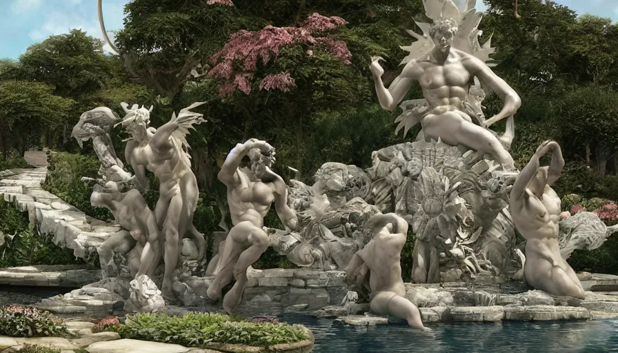 Prompt: craig mullins and studio ghibli illustration of a sculpture of the sun by michelangelo on top of a fountain in a garden, flowers, unreal engine, hyper realism, realistic shading, cinematic composition, realistic render, octane render, detailed textures, photorealistic, wide shot