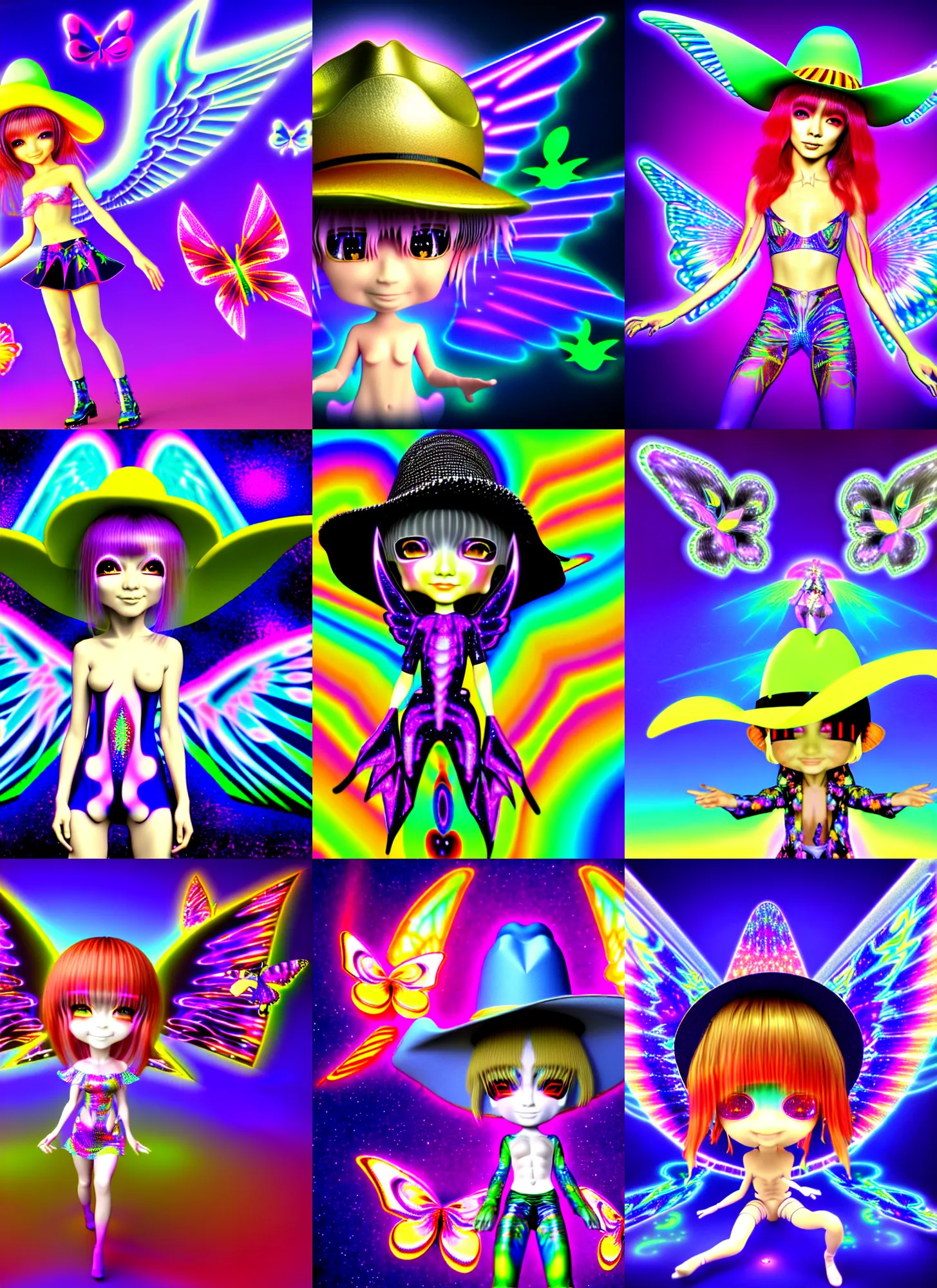 Prompt: lightwave silicon graphics render by ichiro tanida of shiny chibi cyber goblin and a big cowboy hat and wearing angel wings against a psychedelic acid background with rendered butterflies and maya rendered flowers in the style of early three dimensional computer graphics, sgi iris graphics