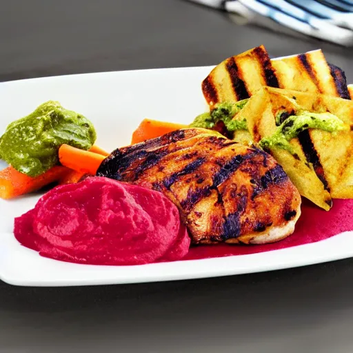 Prompt: grilled chicken marinated in chimichurri sauce, dollops of pureed carrots, parmesan crisps and a red beet sauce, michelin starred food, award winning photography