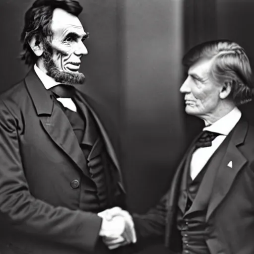 Prompt: historical black and white photograph of abraham lincoln and donald trump shaking hands - n 4