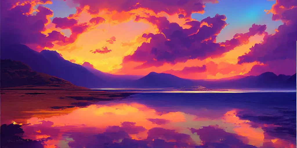 Prompt: iridescent painting of sunset over RIo de Janiero, panoramic, digital painting, by RHADS and Moebius