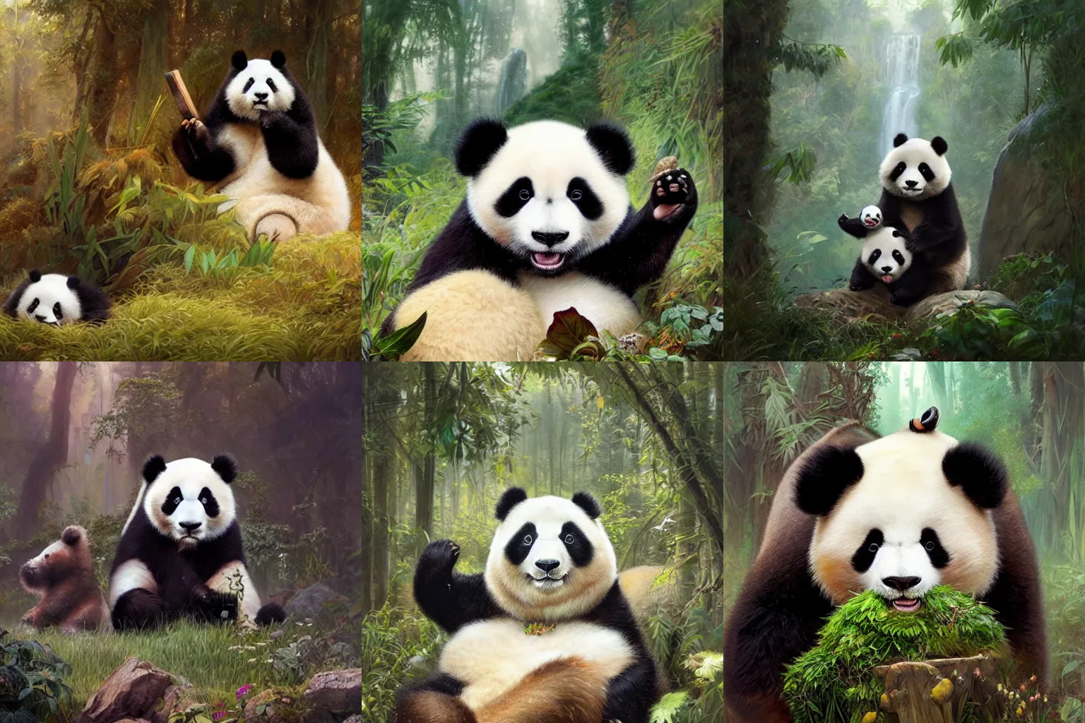 Prompt: a magical land where stuffed pandas attack young caucasian men with brown hair and green eyes, hyperrealism, highly detailed, intricate, trending on artstation, painting by ross tran, greg rutkowski, alphonse mucha, artgerm, wlop