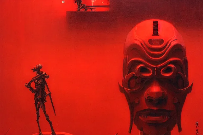 Image similar to only with red, a red cyborg samurai, tokio futuristic in background, some evil yokai fight, in the style of beksinski, parts by edward hopper, parts by rodcenko, parts by yue minjun, intricate and epic composition, red by caravaggio, insanely quality, highly detailed, masterpiece, red light, artstation, 4 k