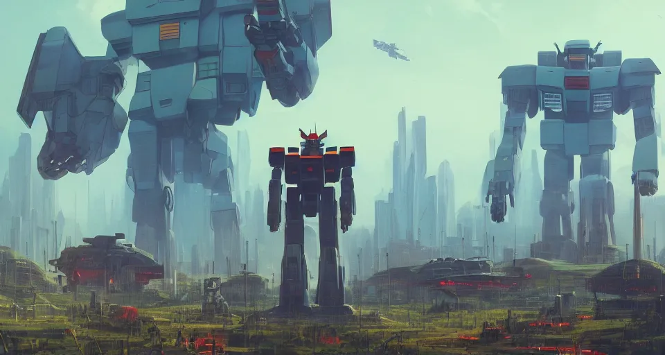 Image similar to Landscape with a GIANT mecha gorilla megastructure looming in the distance, inspired by gundam, cinematic, rendered by simon stålenhag, rendered by Beeple, Makoto Shinkai, syd meade, environment concept, digital art, unreal engine, 3 point perspective, WLOP, trending on artstation, low level, 4K UHD image, octane render,