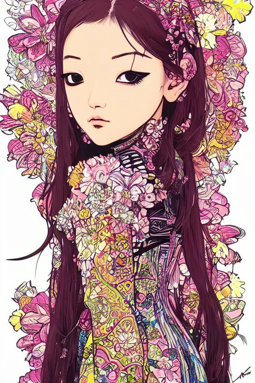 Image similar to beautiful lisa blackpink cyborg portrait girl female illustration detailed patterns art of thai traditional dress, flower pop art, floral splash painting, art by geof darrow, ashley wood, alphonse mucha, makoto shinkai