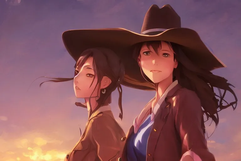 Image similar to cowgirl western girlfriend, scenic full shot, ambient lighting, detailed face, by makoto shinkai, stanley artgerm lau, wlop, rossdraws