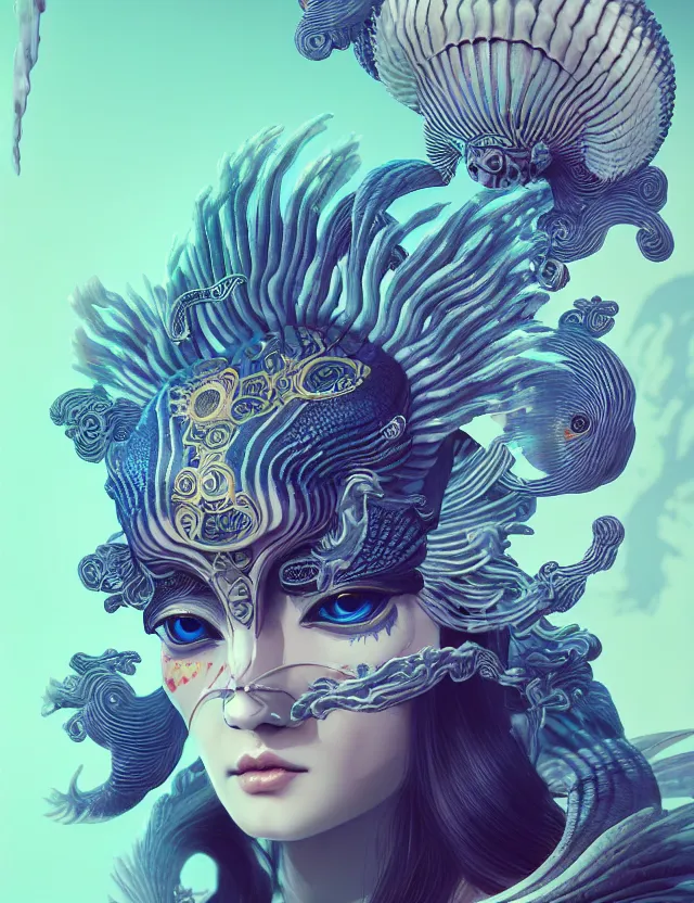 Image similar to 3 d goddess close - up frontal portrait with ram skull. beautiful intricately detailed japanese crow kitsune mask and clasical japanese kimono. betta fish, jellyfish phoenix, bio luminescent, plasma, ice, water, wind, creature, artwork by tooth wu and wlop and beeple and greg rutkowski