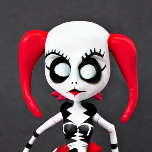 Prompt: Harley Quinn in the style of Tim Burton's Nightmare Before Christmas, Harley Quinn, Claymation, Tim Burton, Nightmare Before Christmas, Corpse Bride, Frankenweenie, Harley Quinn