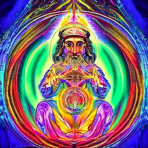 Prompt: god sitting in the center of the multi dimensional latent space conceptualizing our collectively designed divine imaginations, style of visionary art