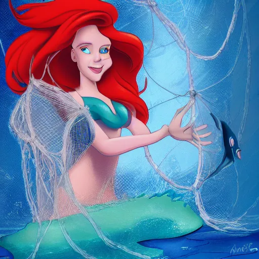 Image similar to disney poster of the little mermaid ariel trapped in a fishing net, trawl, bycatch, distressed, sad, 4 k, artstation