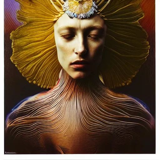 Image similar to queen of jupiter by zdzisław beksinski, iris van herpen, raymond swanland, alexander mcqueen and alphonse mucha. highly detailed, hyper - real, beautiful