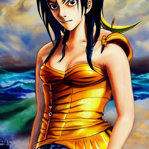 Image similar to beautiful emma watson cosplay as nami from one piece, oil painting.