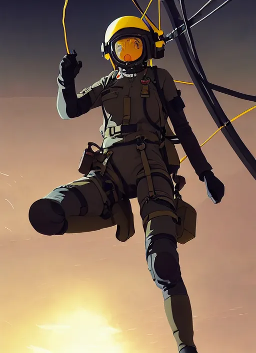 Image similar to portrait of pilot girl parachuting behind enemy lines, black sky background, chaotic landscape, illustration concept art anime key visual trending pixiv fanbox by wlop and greg rutkowski and makoto shinkai and studio ghibli and kyoto animation, kaki body suit, wires, halo, short body, yellow oxygen mask and helmet, military gear, grimdark, volumetric lighting