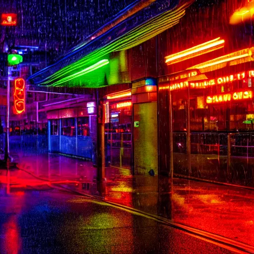 Image similar to Chameleon, rain, neon lights reflecting off the street, low wide shot, 8k, colorful, award winning photo