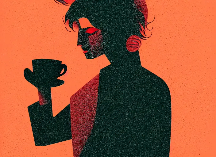 Image similar to portrait of a heroine drinking coffee, colorful,vivid, Mads Berg, Karolis Strautniekas,small finely stippled light, dramatic lighting,fine texutre, editorial illustration, detailed, matte print, dynamic composition,moody, cinematic, film grain,perspective