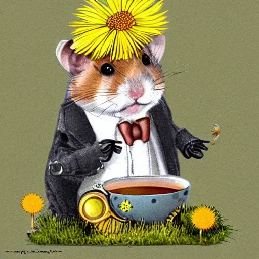 Prompt: steampunk hamster drinking tea sitting on a dandelion looking dapper in the sun