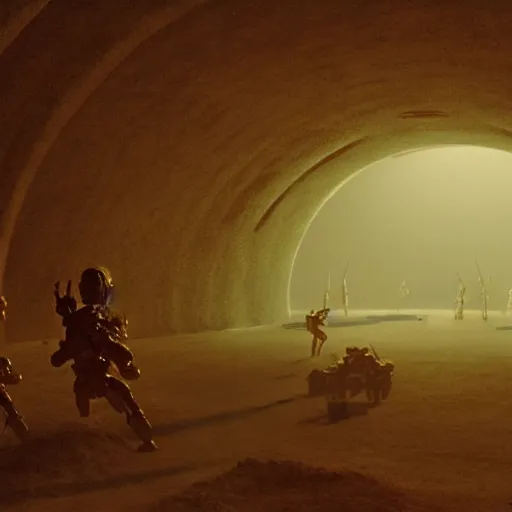 Image similar to battle scene from duna by alejandro jodorowsky and denis villeneuve i style many details by andrei tarkovsky volumetric natural light